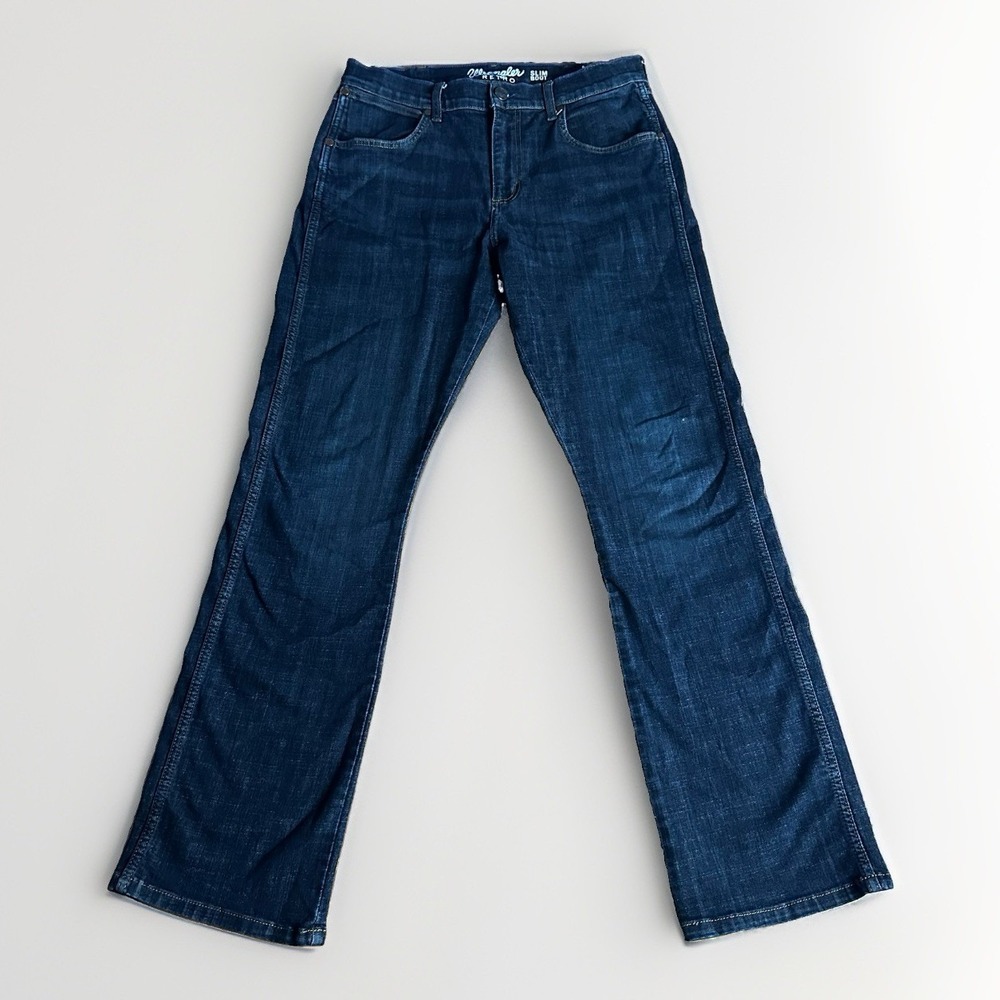 Wrangler Retro Jeans Mens 32x34 Dark Blue Denim Patch Slim Fit Bootcut 77MWZDX